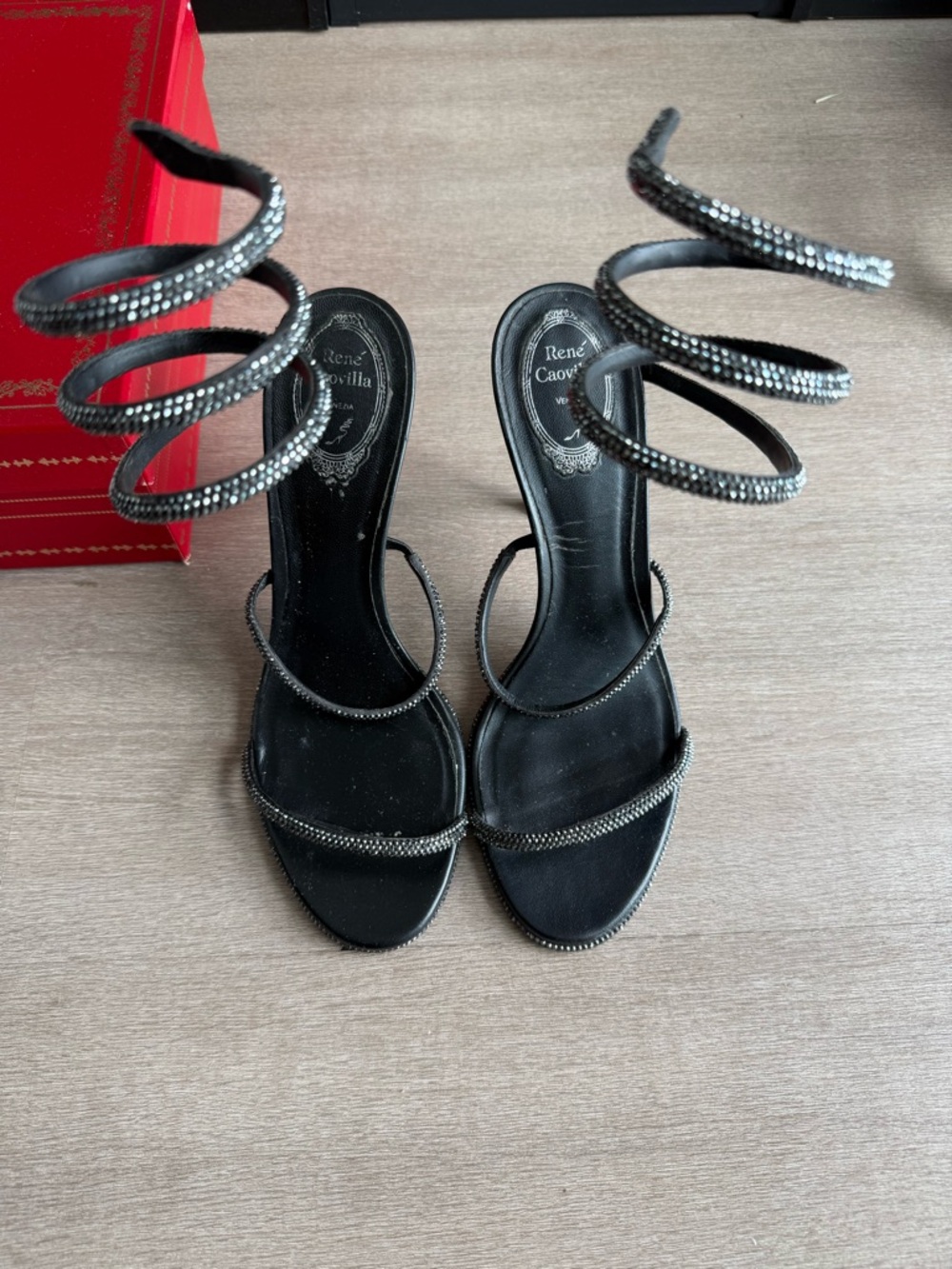 Rene Caovilla Black Spiral Crystal Ankle-Strap Sandals